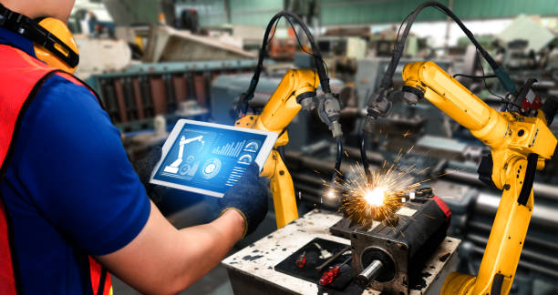 istock Smart industry robot arms for digital factory production technology 1300856172