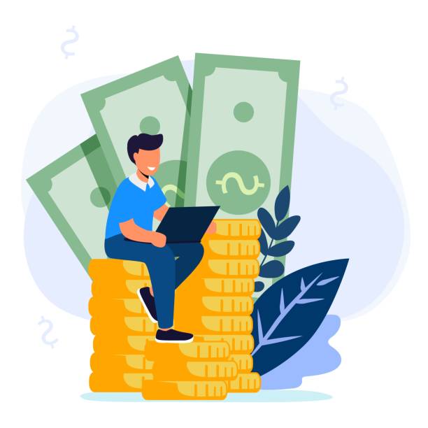 ilustraciones, imágenes clip art, dibujos animados e iconos de stock de hombre de negocios sentado en un gran dinero y monedas financian el éxito dinero riqueza vector ejemplo de ilustración - cartoon advice bill business