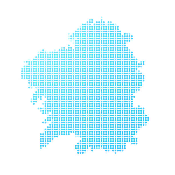 ilustraciones, imágenes clip art, dibujos animados e iconos de stock de mapa de galicia en puntos azules sobre fondo blanco - santiago de compostela