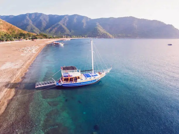Aerial view of a yachts on amazing Adrasan beach