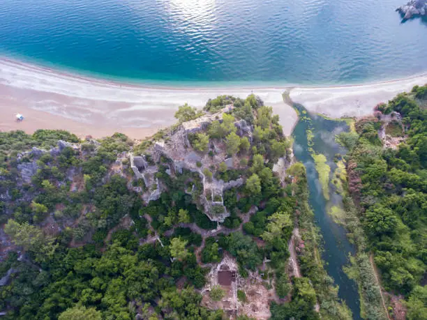 Aerial view of old ruins in Olympos ancient city, Antalya, Turkey.