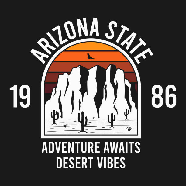 illustrazioni stock, clip art, cartoni animati e icone di tendenza di design della t-shirt dell'arizona con montagne rocciose e aquila. grafica tipografica per tee shirt con illustrazione rocks e slogan. stampa di abbigliamento arizona. - desert arizona cactus phoenix