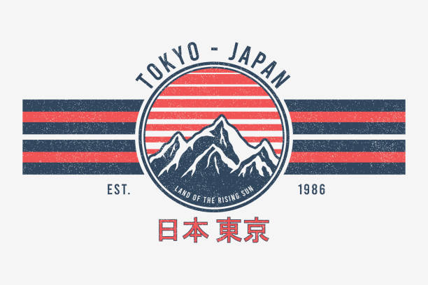 tokio, japonia t-shirt design z górami i słońcem. koszulka koszula grafiki druku z paski, grunge i napis w języku japońskim z tłumaczeniem: japonia, tokio. wektor - retro fashion stock illustrations