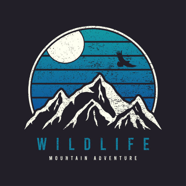 Mountain typography graphics for slogan tee shirt with eagle. Mountain adventure print for apparel, t-shirt design with grunge. Wildlife slogan. Vector Mountain typography graphics for slogan tee shirt with eagle. Mountain adventure print for apparel, t-shirt design with grunge. Wildlife slogan. Vector illustration. adventure designs stock illustrations