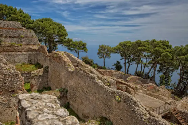 The ruins of Villa Jovis built by emperor Tiberius is located at the edge of a tall cliff on the island of Capri, Tyrrhenian sea, Italy