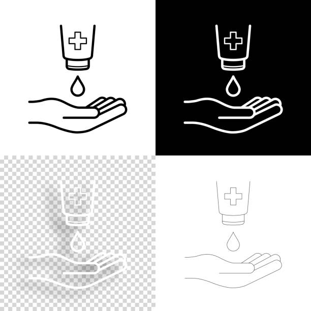 손에 대한 항균 소독제 젤. 디자인 아이콘입니다. 빈, 흰색 및 검은색 배경 - 선 아이콘 - liquid soap moisturizer bottle hygiene stock illustrations
