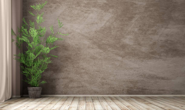 istock Interior background of room with stucco wall and pot with plant 3d rendering 1300862454
