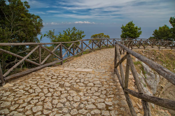 The ruins of Villa Jovis built by emperor Tiberius is located at the edge of a tall cliff on the island of Capri, Tyrrhenian sea, Italy