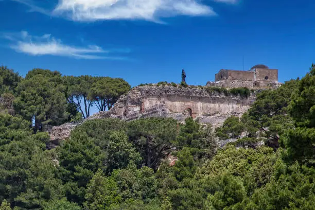 The ruins of Villa Jovis built by emperor Tiberius is located at the edge of a tall cliff on the island of Capri, Tyrrhenian sea, Italy