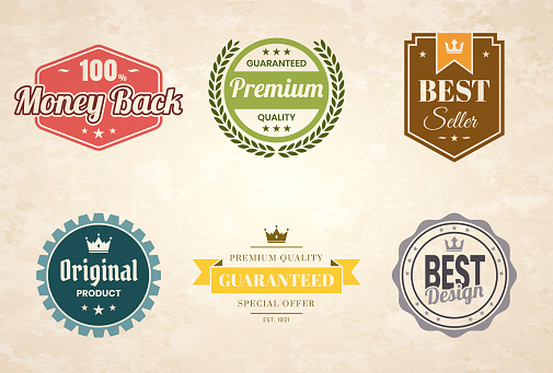 Set of 6 Vintage multicolored badges and labels (Red, orange, yellow, green, blue, gray), isolated on a brown retro background with an effect of old textured paper (100% Money Back, Premium - Guaranteed Quality, Best Seller, Original Product, Guaranteed - Premium Quality - Special Offer, Best Design). Elements for your design, with space for your text. Vector Illustration (EPS10, well layered and grouped). Easy to edit, manipulate, resize or colorize.