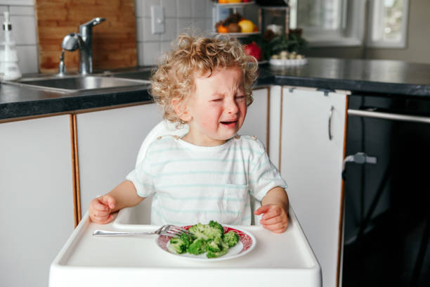 chorando garoto caucasiano sentado na cadeira alta com brócolis no prato. criança recusando comer comida saudável. criança gritando em acesso de raiva. terrível duas idades. momento de infância da vida em casa autêntica. - tantrum toddler child crying - fotografias e filmes do acervo