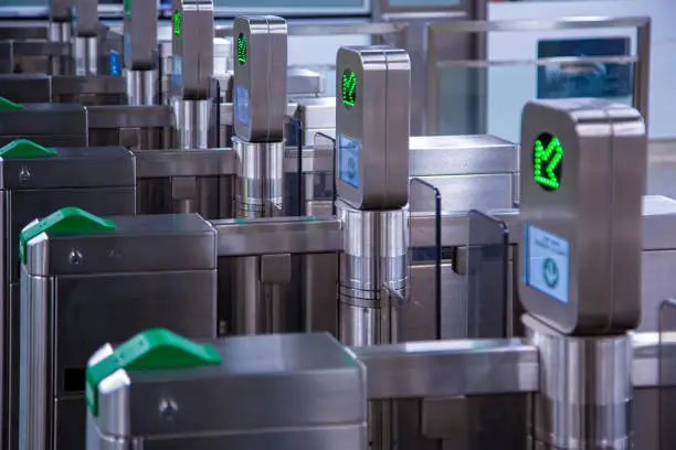 Toronto, Canada-10 November 2020: Toronto TTC Metrolinx Presto machines at a busy Bloor and Yonge station. A contactless smart card is used to gain access to public transportation.