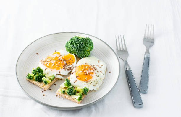 istock Bruschetta with scrambled eggs and broccoli on a grain crispbread with sesame seeds and flaxseed on a plate on the table 1300865489