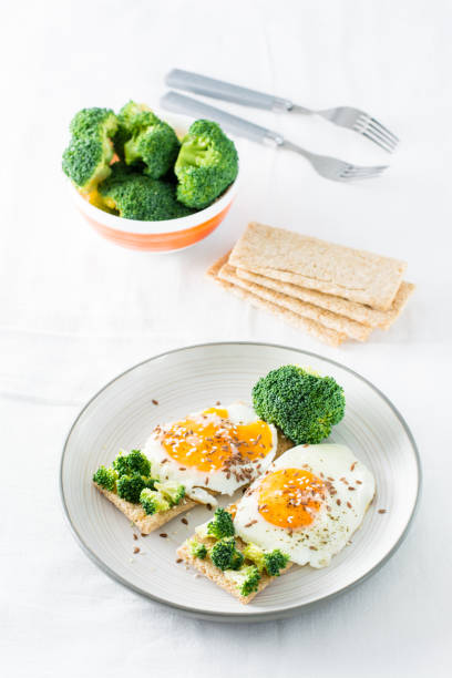 istock Bruschetta with scrambled eggs and broccoli on a grain crispbread with sesame seeds and flaxseed on a plate on the table.  Vertical view 1300865507