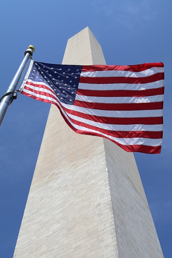 US flag flying in front of the Washington Monument