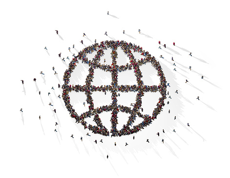 Large Crowd of People Forming Globe Symbol on White Background