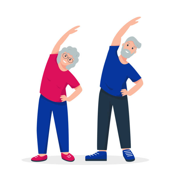 ilustrações de stock, clip art, desenhos animados e ícones de elderly couple doing sport exercises. - athlete muscular build yoga female