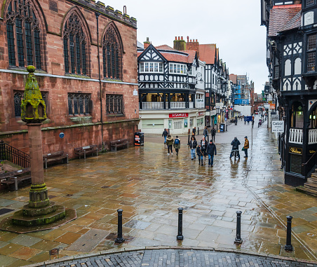 Chester; UK: Jan 29, 2021: A general view in the shopping district of Chester seen on a January Friday afternoon. Most people are staying at home during the national corona virus lockdown.