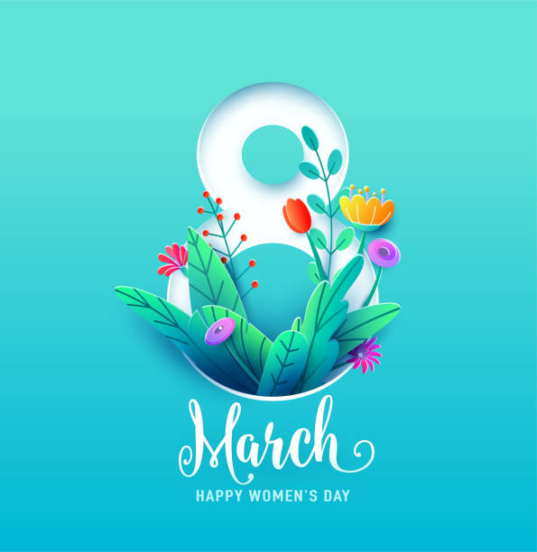 8 march, happy womens day greeting card vector illustration in 3d paper cut style. Number eight with spring flowers and leaves on blue background 8 march, happy womens day greeting card vector illustration in 3d paper cut style. Number eight with spring flowers and leaves on blue background. womens day flowers stock illustrations