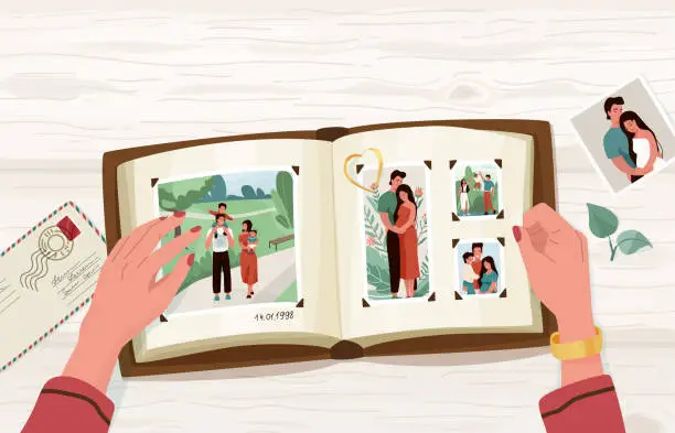 Vector illustration of Photo album with family photographs, vector illustration in simple cartoon flat style with empty blank space at the top. Female hands holding open memorable book. View from above