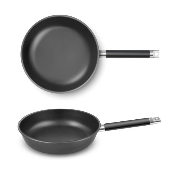 istock Vector 3d Realistic Black Empty Frying Pan Icon Set Isolated on White Background. Design Template for Mockup. Food, Breakfast Concept. Top and Front or Side View 1300870564