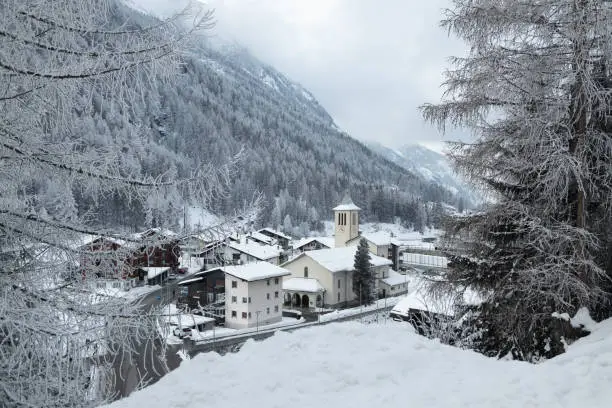 A photograph of Saas-Balen in winter. Saas-Balen is a municipality in the district of Visp in the canton of Valais in Switzerland.