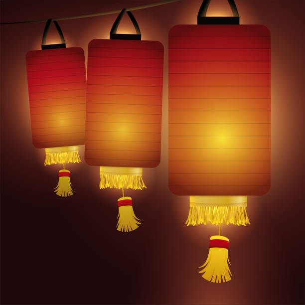 istock Cylindrical Chinese lanterns with fringes illuminating the night 1300872470