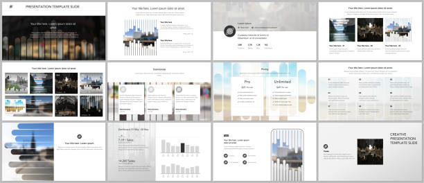 vektorové šablony pro návrh webových stránek, prezentace, portfolio. šablony pro prezentační snímky, leták, leták, brožuru, sestavu. šablona pozadí s řádky, fotografické místo pro obchodní design. - plán na papíře fotky stock ilustrace