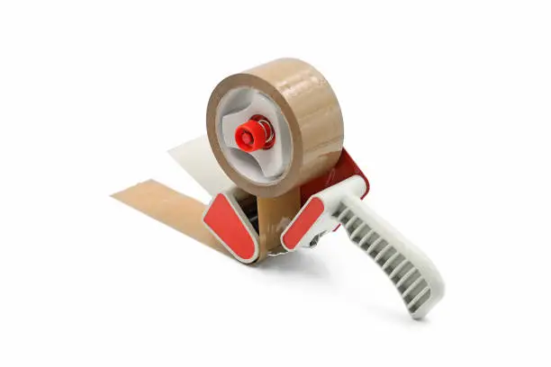 Brown adhesive packaging tape dispenser isolated on a white background.