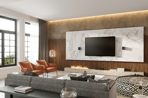 Large living room interior with TV television screen on the wall. Blank for copy space. render