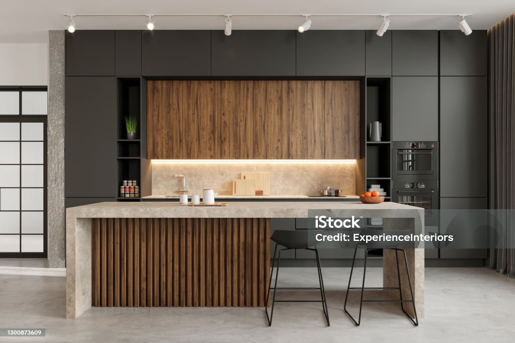 Modern dining room interior Large modern open space loft kitchen interior with large kitchen island and bar chairs. Copy space render Kitchen Stock Photo