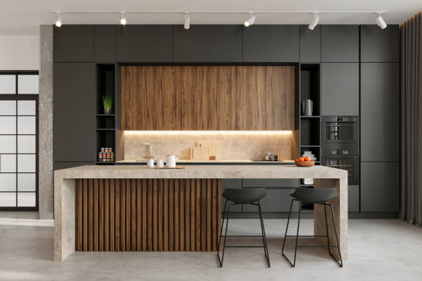 Modern dining room interior Large modern open space loft kitchen interior with large kitchen island and bar chairs. Copy space render kitchen stock pictures, royalty-free photos & images