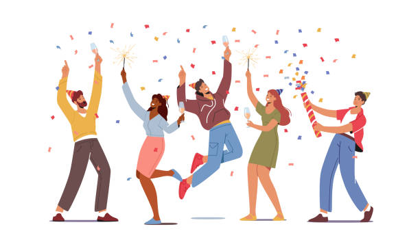 illustrations, cliparts, dessins animés et icônes de groupe de caractères de jeunes retenant des glaces de vin avec des boissons et des sparklers célébrant des vacances, boivent l’alcool - fete entreprise