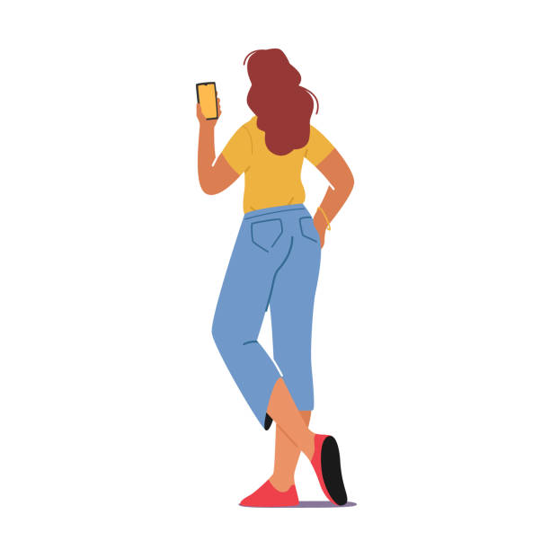 Young Woman Rear View Writing Sms in Mobile Phone, Communicating in Social Media Networks, Watching Video Young Woman Rear View Writing Sms in Mobile Phone, Communicating in Social Media Networks, Watching Video or Reading Newsfeed, Female Character Chatting or Dating on Site. Cartoon Vector Illustration girl texting on phone stock illustrations