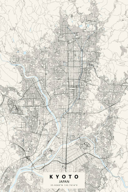 Kyoto, Japan Vector Map Poster Style Topographic / Road map of Kyoto, Japan 京都 Original map data is open data via © OpenStreetMap contributors osaka japan stock illustrations