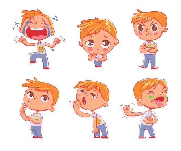 Cute little boy with different emotions. Emoji Stickers Emotions Cute little boy with different emotions. Emoji Stickers Emotions. Funny cartoon colorful character. Set. Isolated on white background. Vector illustration disgusted stock illustrations