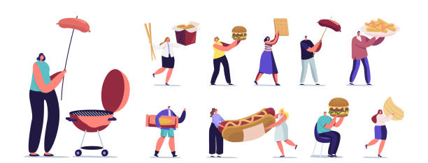 illustrazioni stock, clip art, cartoni animati e icone di tendenza di set di piccoli personaggi maschili e femminili che interagiscono con il fastfood. uomini e donne con hamburger enorme, hot dog con senape - man eating