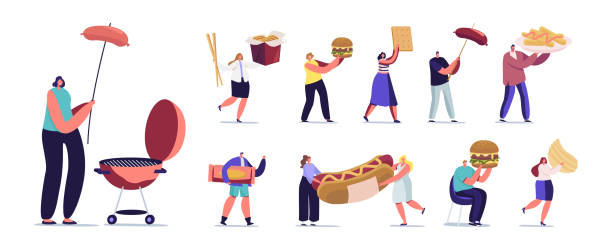 ilustrações, clipart, desenhos animados e ícones de conjunto de personagens minúsculas masculinas e femininas interagindo com fastfood. homens e mulheres com hambúrguer enorme, cachorro-quente com mostarda - burger sandwich hamburger eating