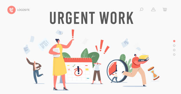 ilustraciones, imágenes clip art, dibujos animados e iconos de stock de trabajo urgente, plantilla de página de aterrizaje de fecha límite. ansiosos personajes de negocios pequeños en el caos oficina lugar de trabajo - deadline urgency calendar women