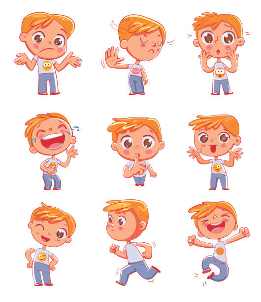 netter kleiner junge mit unterschiedlichen emotionen. emoji aufkleber emotionen - kaputtlachen stock-grafiken, -clipart, -cartoons und -symbole