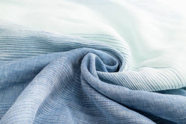 istock Fragment of blue linen tissue. Side view, natural textile background and texture. wave concept, abstract, spiral. 1300876145
