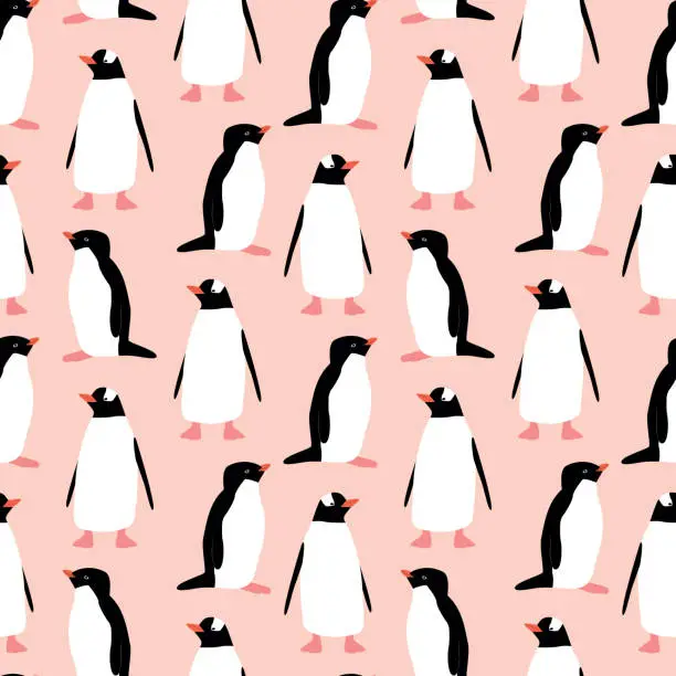 Vector illustration of Seamless pattern with penguin. Cute cartoon character. Antarctica bird.
