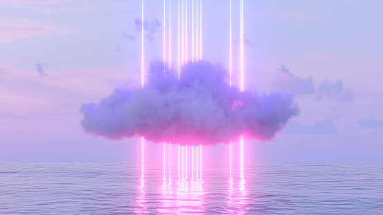 3D rendering of Neon Lightning Glowing Lines and Cloud over the Sea.