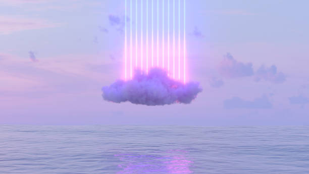 네온 번개 빛나는 선과 바다 위에 구름 - 한 줄로 일러스트 뉴스 사진 이미지