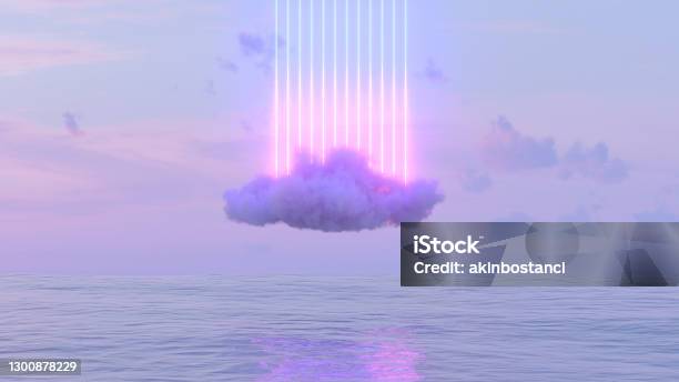 Neon Lightning Glowing Lines And Cloud Over The Sea Stock Photo - Download Image Now