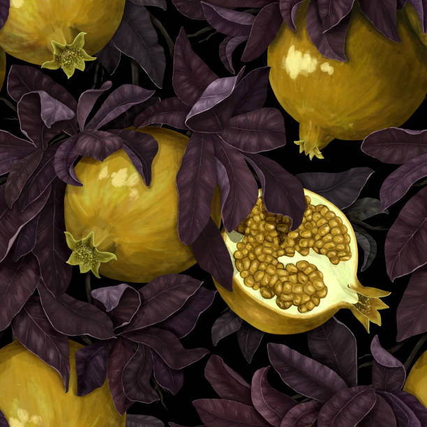 istock Botanical pattern. Juicy golden pomegranates in green leaves. Vegetable illustration. Hand drawing. 1300879161