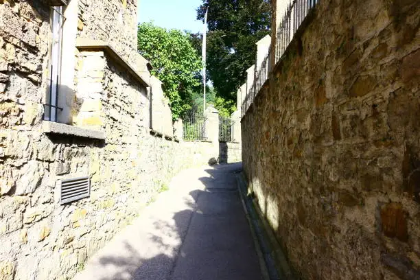 August 08, 2018, Waidhofen an der Ybbs: Historic stone wall in the old town of Waidhofen an der Ybbs in Lower Austria