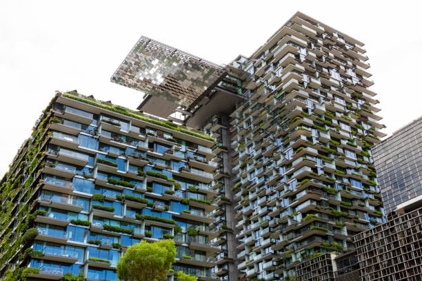 Low angle view of apartment buildings swith vertical gardens and heliostat, sky background with copy space Low angle view of apartment buildings with vertical gardens and heliostat with motorised mirrors, sky background with copy space, Green wall-BioWall or living wall is a wall covered with living plants on residential tower in sunny day, Sydney Australia, full frame horizontal composition green building photos stock pictures, royalty-free photos & images