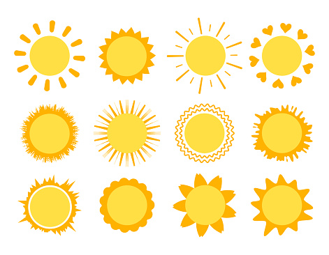 Sun icons set with rays of different shapes isolated on white background. Yellow symbol of spring, summer and weather. Vector flat illustration.