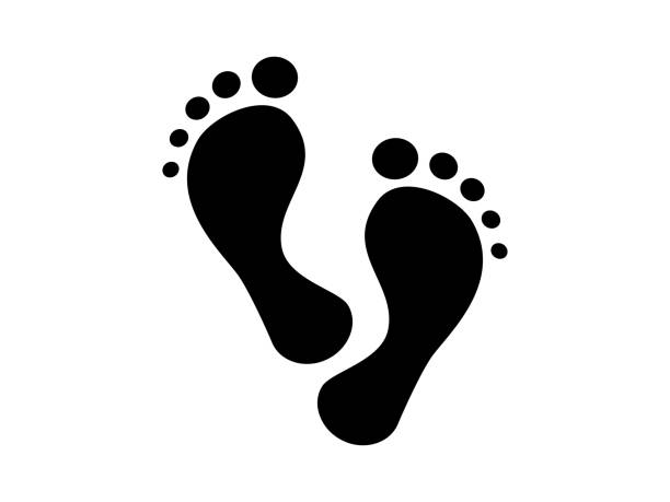 bare humanoide fuß druckt symbol. schwarze fußabdrücke barfuß charakter, der seine schuhe verloren mysteriöse formen am tatort gefunden. - foot sole stock-grafiken, -clipart, -cartoons und -symbole